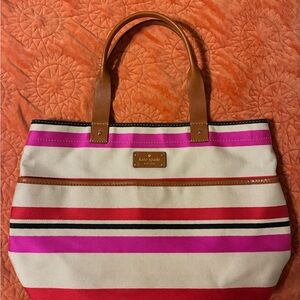 kate spade Pink, Cream & Red Striped Tote with Tan Handles